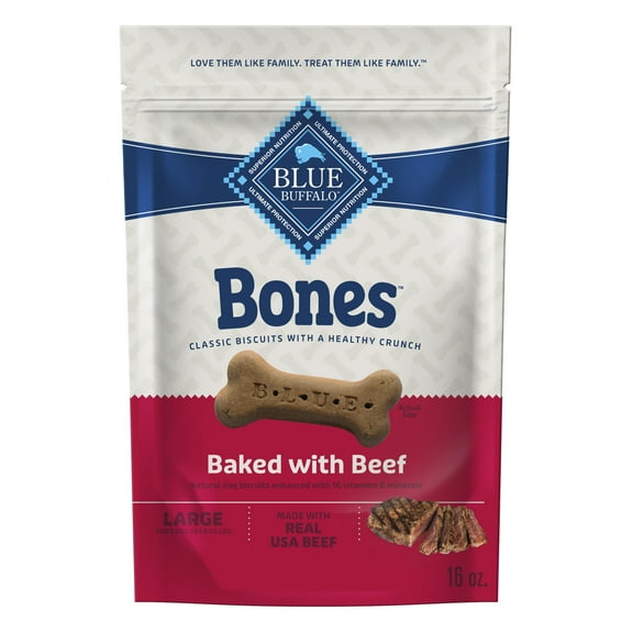 Blue Buffalo Bones Natural Crunchy Dog Treats, Large Dog Biscuits, Beef 16-oz
