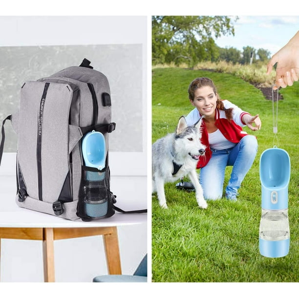 QUETO Blue Dog Water Bottle Portable Dog Water Bottle Multifunctional Pet Water Bottle for Dogs and Cats Travel Dog Water Bottle with Snack Bottle