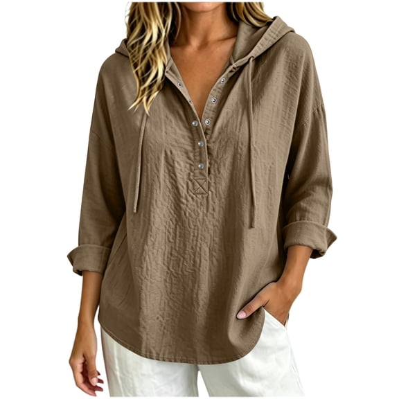 Women's Long Sleeve Hooded Shirt Tunic Tops Textured Drawstring Hood Half Button Placket Loose Daily Shirts Brown XL