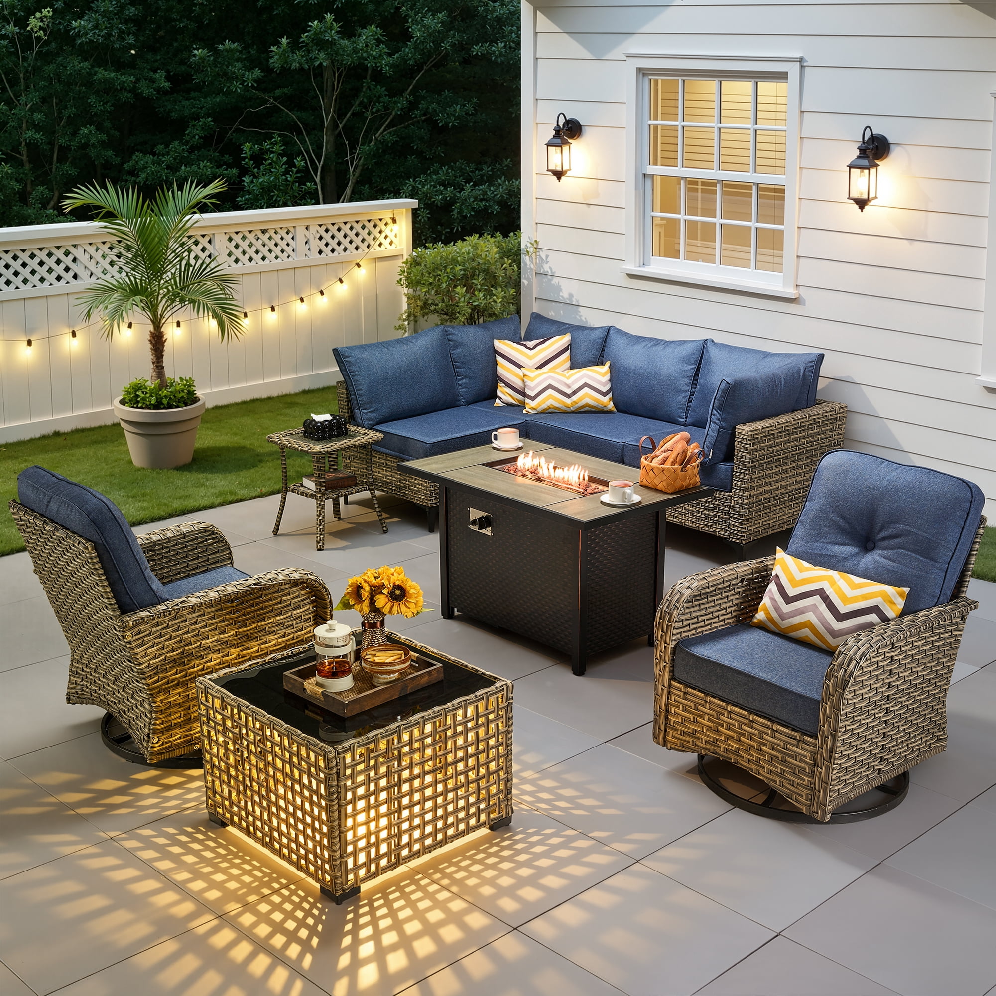 Ovios Outdoor Patio Furniture Set 9 Pieces Rattan Wicker Sectional with 42" Gas Fire Pit, Swivel Chairs, Solar Table, Denim Blue