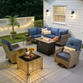 thumbnail image 3 of Ovios Outdoor Patio Furniture Set 9 Pieces Rattan Wicker Sectional with 42" Gas Fire Pit, Swivel Chairs, Solar Table, Denim Blue, 3 of 10