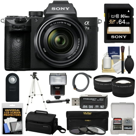 Sony Alpha A7 III 4K Digital Camera + 28-70mm FE OSS Lens with 64GB Card + Case + 3 Filters + Flash + Tripod + Tele/Wide Lens