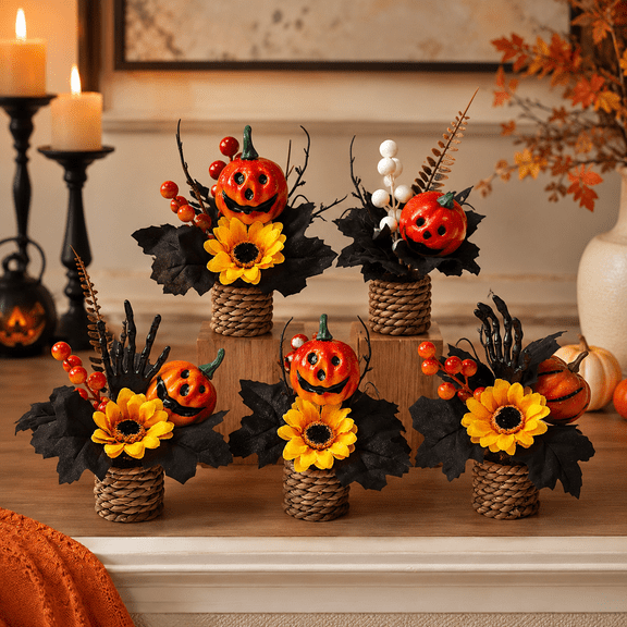 Mini Halloween Fall Centerpiece, Artificial Pumpkin Sunflower Berry Wicker Basket Decor for Home, Office, Shop Window and Party Table