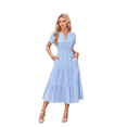 thumbnail image 1 of Vestido de Larga con Cuello en V, Plisado y Mangas Abullonadas, Azul , Talla XL, 1 of 4