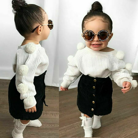 Toddler Baby Girl Warm Knitted Long Sleeve Pompom Sweater T-Shirt Tops + Button Mini Skirts Dress Outfits Fall