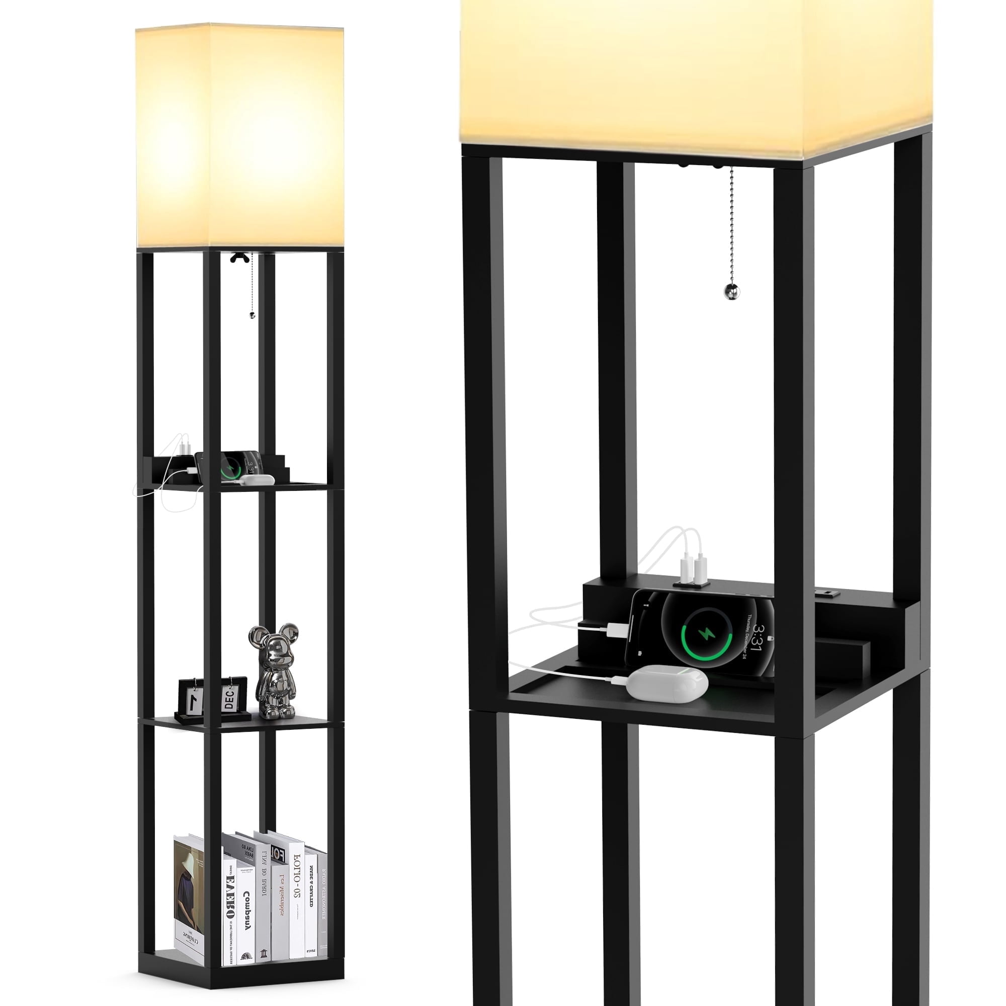 Jurulu LED USB Floor Lamp with Storage, 3 Color Temperatures, Solid Wood, 2 Charging Ports & Power Outlet, Matte Black