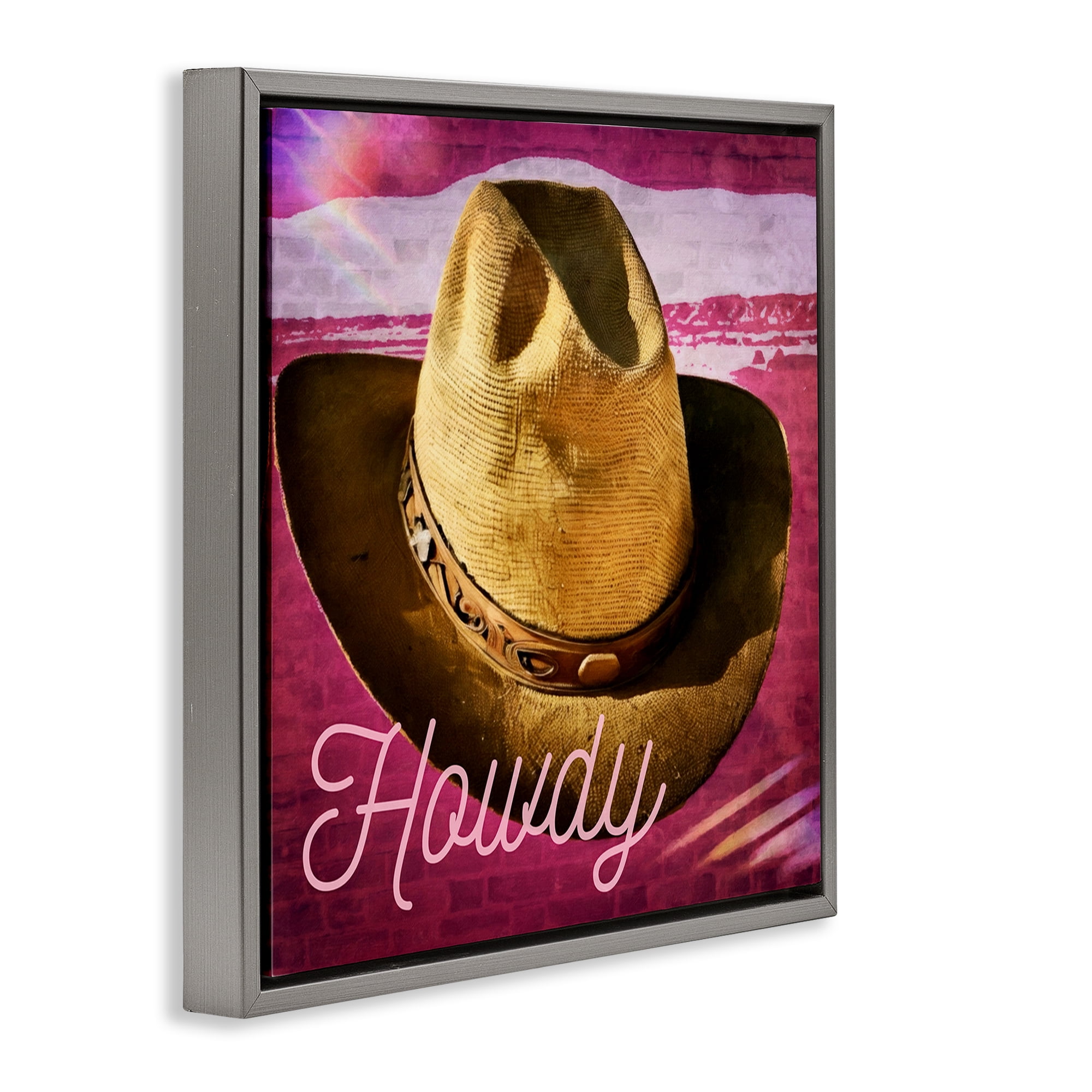 Stupell Industries Howdy Cowboy Hat on Pink Text & Numbers Painting Gray Floater Framed Canvas Art Print Wall Art, 25 x 25