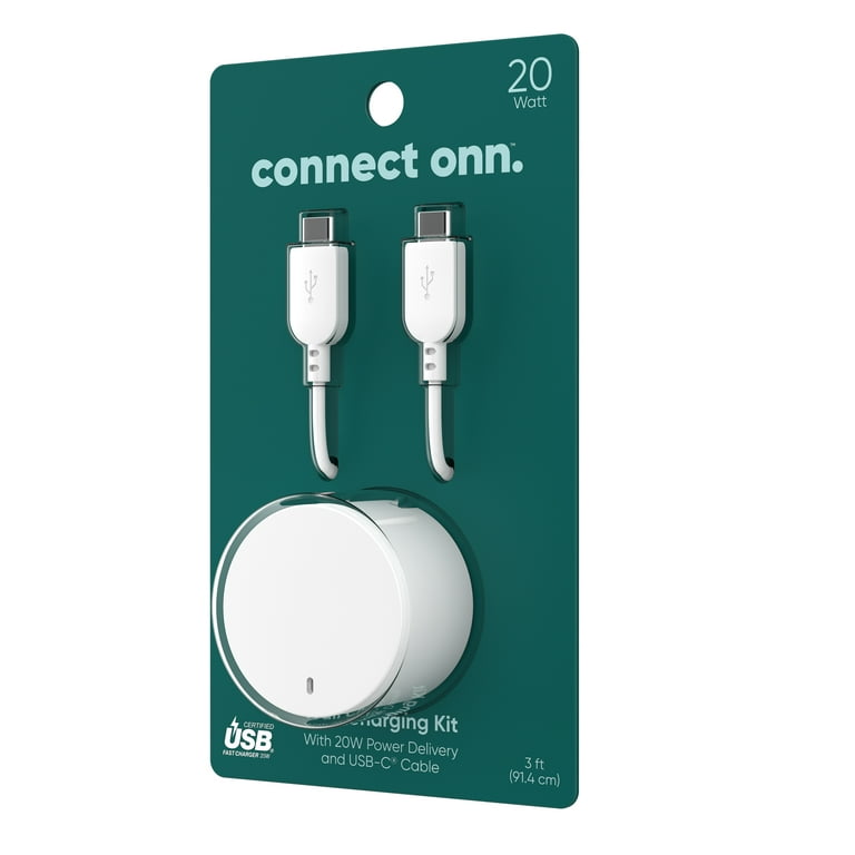 onn. 20W Power Delivery Wall Charging Kit with USB-C Charging Cable, White  