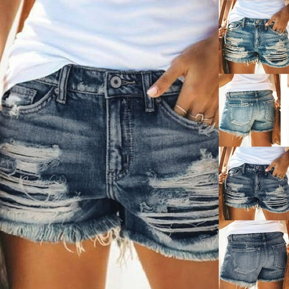 FRSASU Casual Summer Denim Shorts Stretch Jean Slim Hole Shorts for Women Sky Blue 10(XL)
