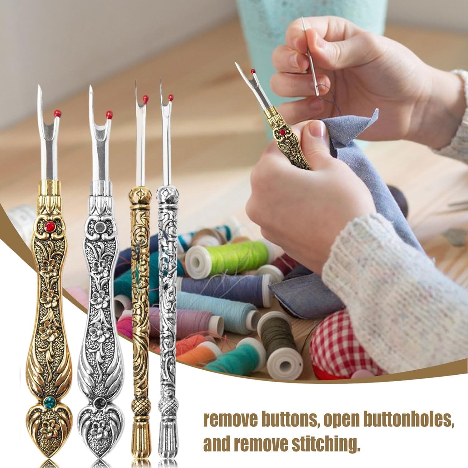 ABPETE 4 PCS Sewing Seam Ripper Vintage Stitch Eraser Retro Alloy Unpicker Quick Stitch Removal & Hole Cutting Remover Tool for Suture Removal Sewing Accessory Tools