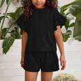 thumbnail image 4 of Girls Summer Solid Color Outfits, 2 Piece Cute Ruffle Sleeve T-Shirt and Shorts Sets Black 6-7Y, 4 of 9