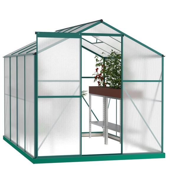 JERFIT 6x8 ft Walk-In Greenhouse with Polycarbonate Panels, Heavy-Duty Aluminum Frame, Sliding Door & Roof Vent for Outdoor Garden Plant Growing