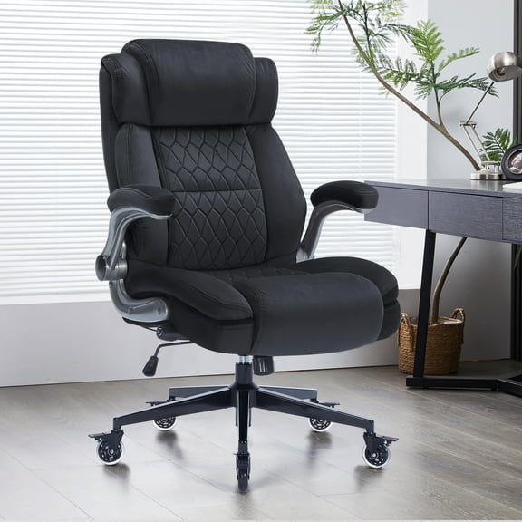 High Back Office Chair with Lockable Wheels, 400lbs Large Fabric Executive Desk Chair, Adjustable Lumbar Support Flip up Arms, Ergonomic Home Office Computer Chair with Storage Pocket, Black