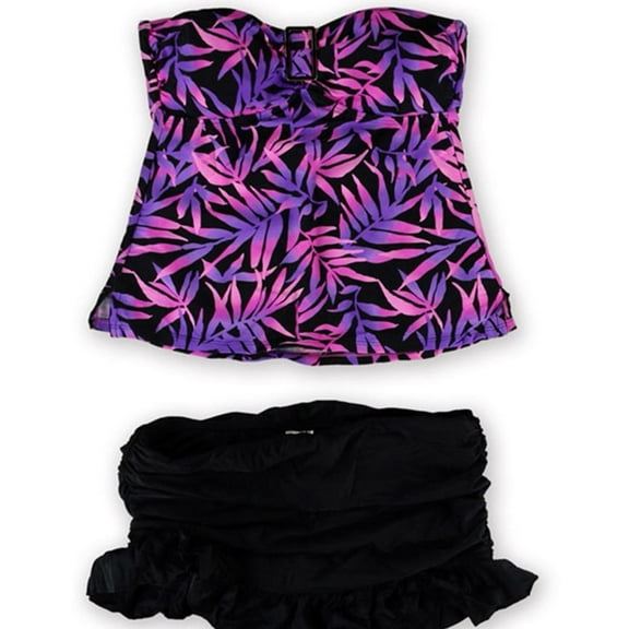 Island Escape Womens Tropical Ruffled Skirtini 2 Piece Bandeau, Purple, 10
