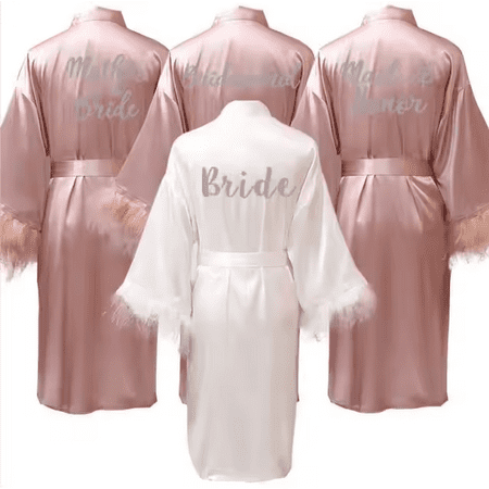 Women FEATHER Bride Bridesmaid Wedding Robe Satin Kimono Bathrobe Gown Nightwear Embroidery Letter Nightgown V-Neck Lingerie