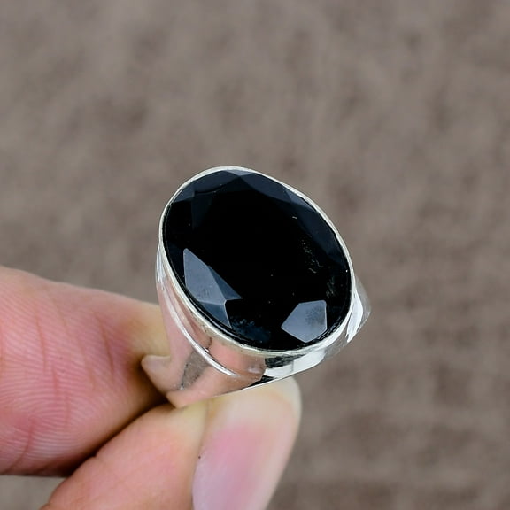 925 Sterling Silver Black Spinel Genstone Handmade Jewelry Ring Size 7.5