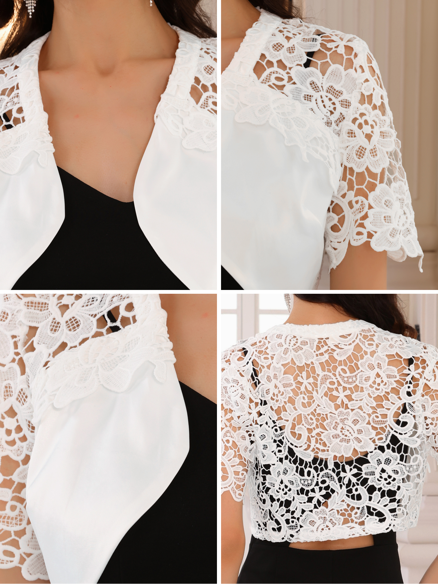 DARING DIVA Short Sleeve Lace Shrug M White
