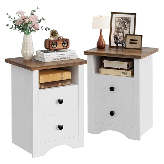 Nightstand Set of 2, Farmhouse Night Stand with 2 Storage Drawers and Open Shelf, Bedside Tables for Bedroom Small Space, White