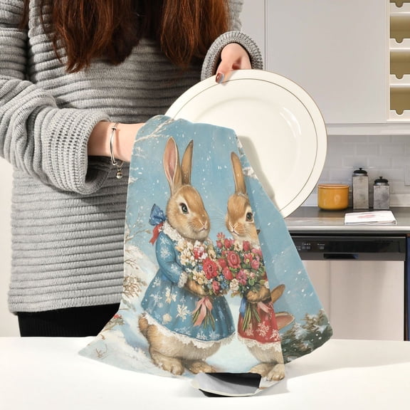 BZSMCE Kitchen Towels Creative Rabbit Holding Bouquets Pattern Pattern Durable Kitchen Towel