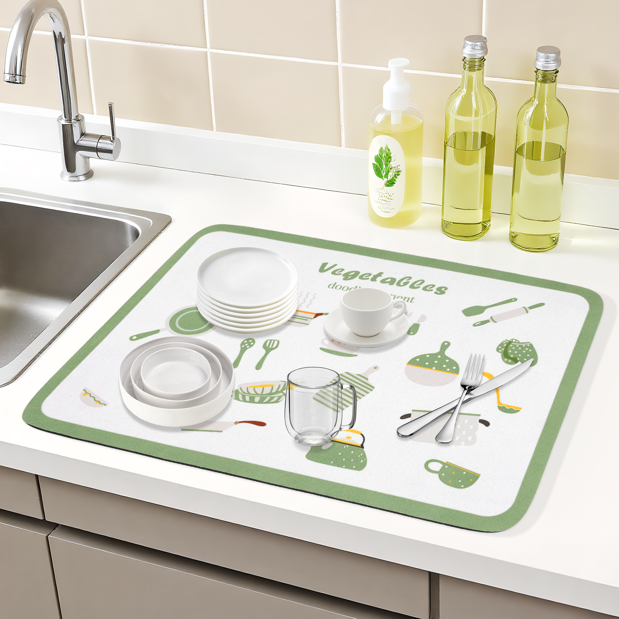 Unique Bargains Diatomaceous Stone Dish Drying Mat for Kitchen Green 19.7*15.7 inch