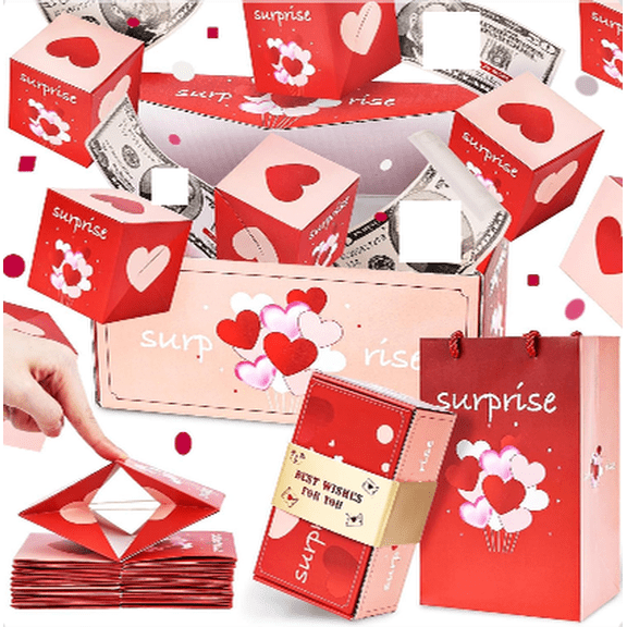 Valentine Surprise Cash Box Set - 16pcs Pop Up Money Explosion Gift Box, Folding Bouncing Envelope for Valentine's Day, Birthday, Anniversary & Proposal, Unique Unfolding Cash Gift Surprise (Rose)