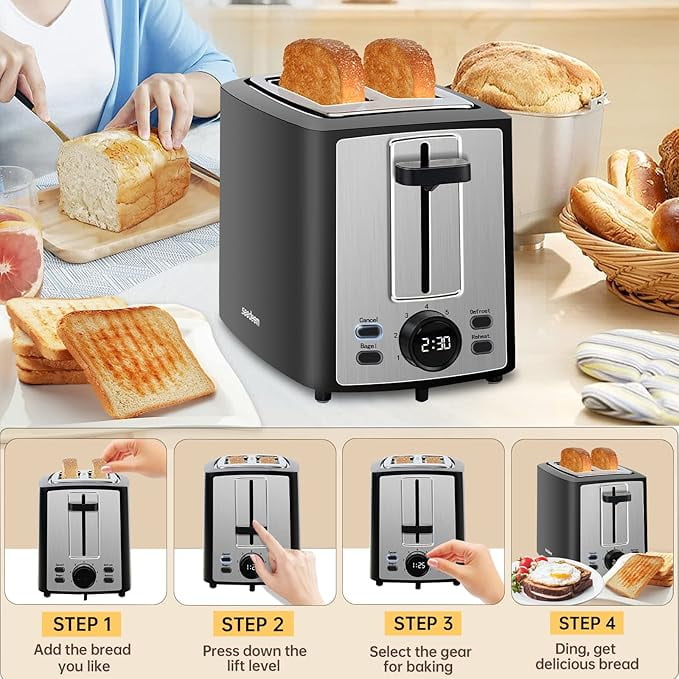 Toaster 2 Slice, Bread Toaster with LCD Display, 7 Shade Settings, 1.４'' Extra Wide Slots Toaster with Cancel, Bagel, Defrost, Reheat Functions, Removable Crumb Tray, 900W, Carbon Black