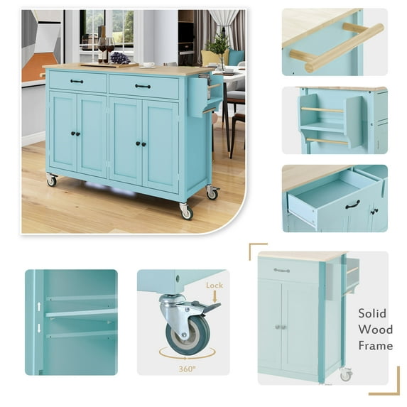 Kitchen Island with Storage on Wheels, Rolling Kitchen Island Cart with 2 Drawers and 2 Storage Cabinets, Wooden Countertop, Spice and Towel Racks, Adjustable Shelves, Mint Green