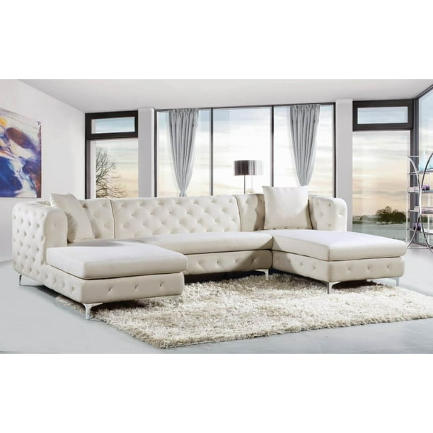 Classic Rich Cream Color Velvet Double Chaise Sectional Sofa Detailed Tufted Livingroom Furniture Com Velvet Double Chaise Sectional Sofa, Sectional Sofa With Two Chaises