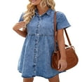 thumbnail image 2 of Robe en Denim pour Femmes Décontractée à Manches Courtes, Boutonnée, Smockée, à Volants, Style Babydoll, Robe en Jean, 2 of 6