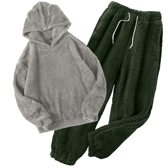 Women' s Fluffy Pajamas Set Fleece Pullover Pants Loose Plush Sleepwear 2 Piece Pjs Set Warm Loungewear Fuzzy,Army Green,M