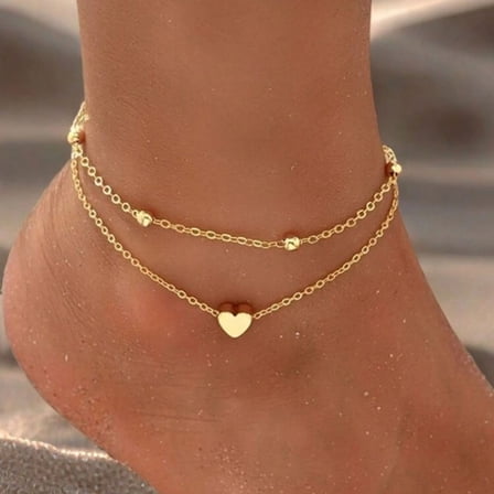 Women Heart Anklet Adjustable Beach Layered Ankle Bracelets for Women Gold Alloy Foot Chain Jewelry-1 PCS