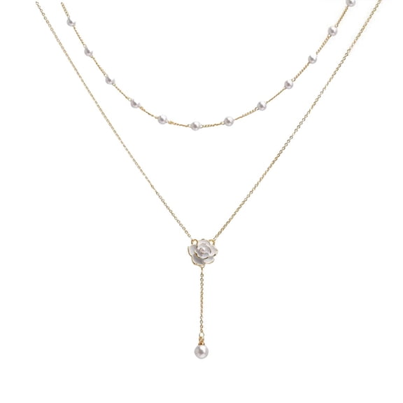 HIRPLIS Double Layer Y‑drop Necklace for Women Stainless Steel Dainty Multi‑strand Choker Enamel Flower Imitation Pearl Pendant Adjustable Statement Daily Party Jewelry Gift Silver Plated