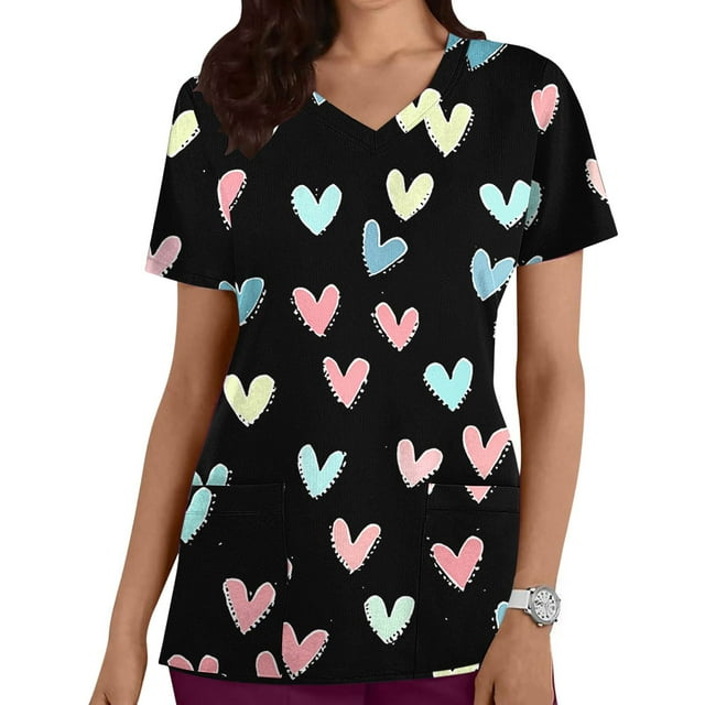 TaTaai Lightweight Holiday Print Top for Women, V Neck Short Sleeve Casual Blouse with Pockets, Valentine's Day Shirt for Gifting Gift