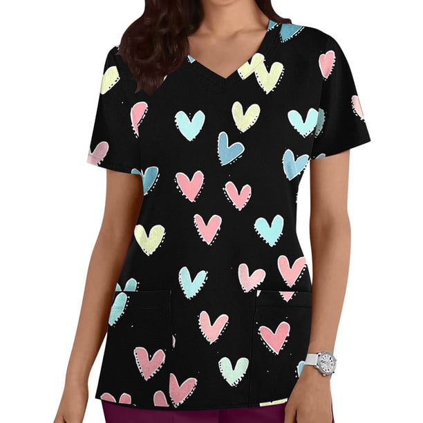 TaTaai Lightweight Holiday Print Top for Women, V Neck Short Sleeve Casual Blouse with Pockets, Valentine's Day Shirt for Gifting Gift