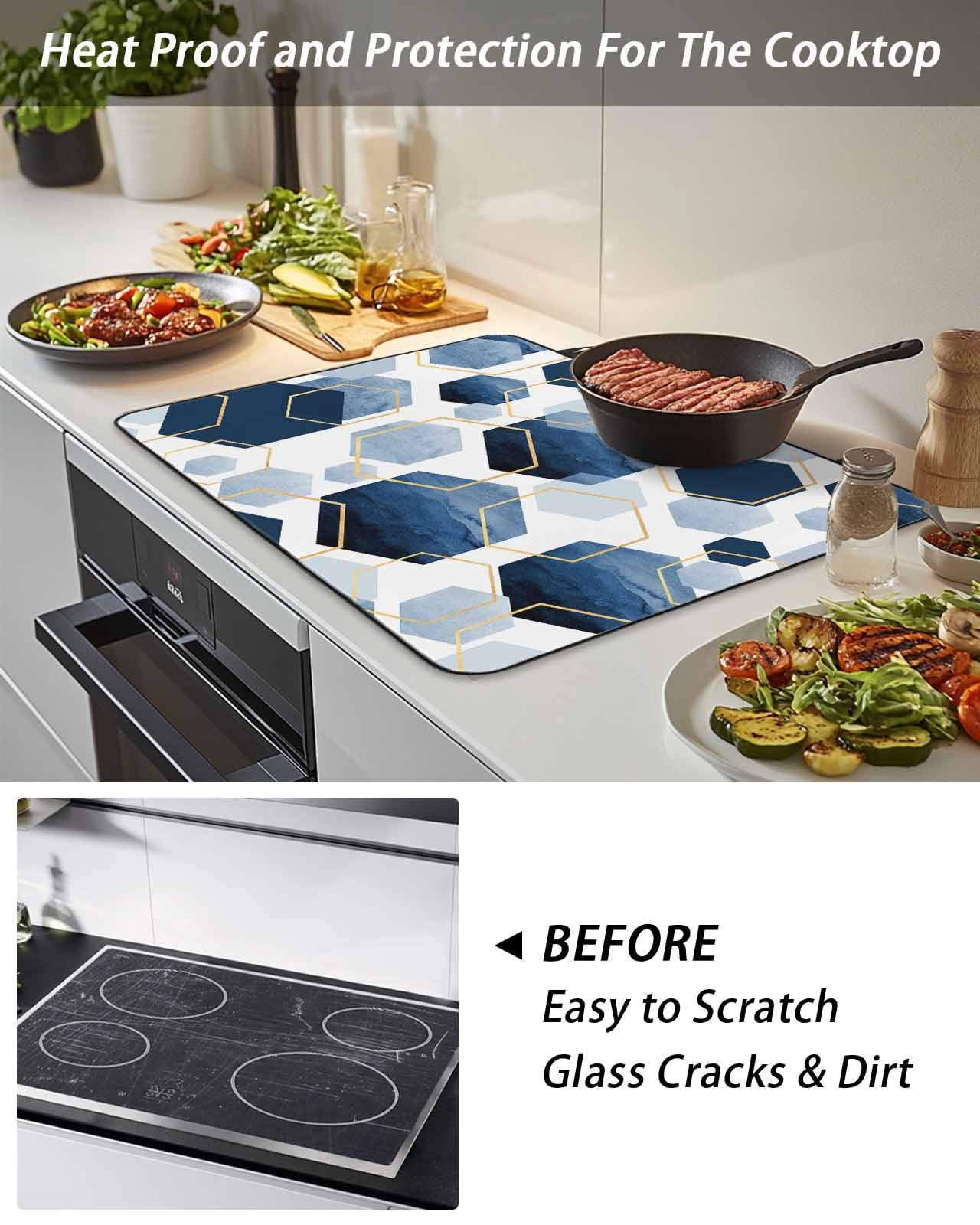 Stove Top Covers for Electric Stove, Navy Blue Marble Glass Stovetop Cover Protector, Gold White Geometric Hexagon Modern Induction Cooktop Protector Oven Mat for Kitchen Countertop 36"x21"