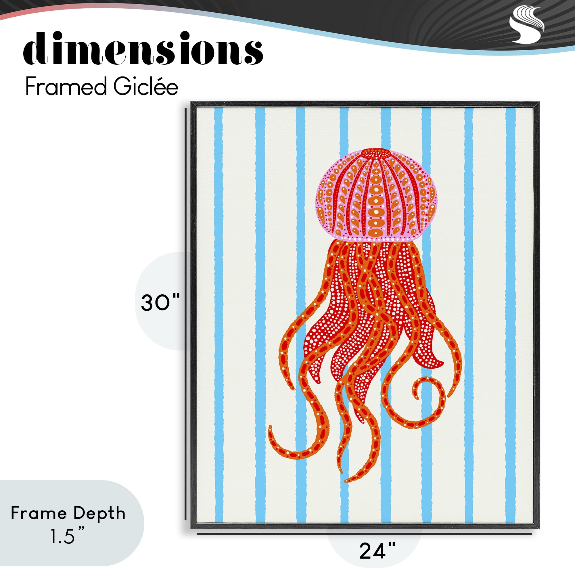 Stupell Industries Bright Aquatic Jellyfish on Stripes Black Framed Giclee Art, design by Indira Prieto | IndySign