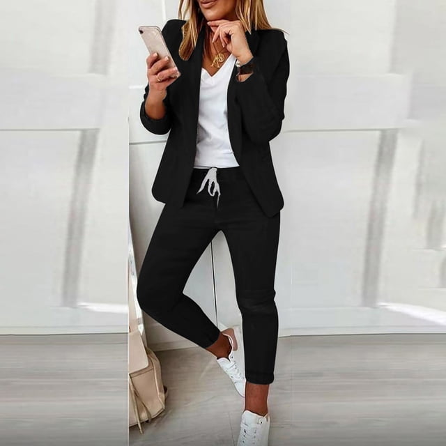 ICHUANYI Clearance Women's Long Sleeve Solid Suit Pants Casual Elegant Business Suit Sets(Black, XXL) ICHUANYI WER2023080902408