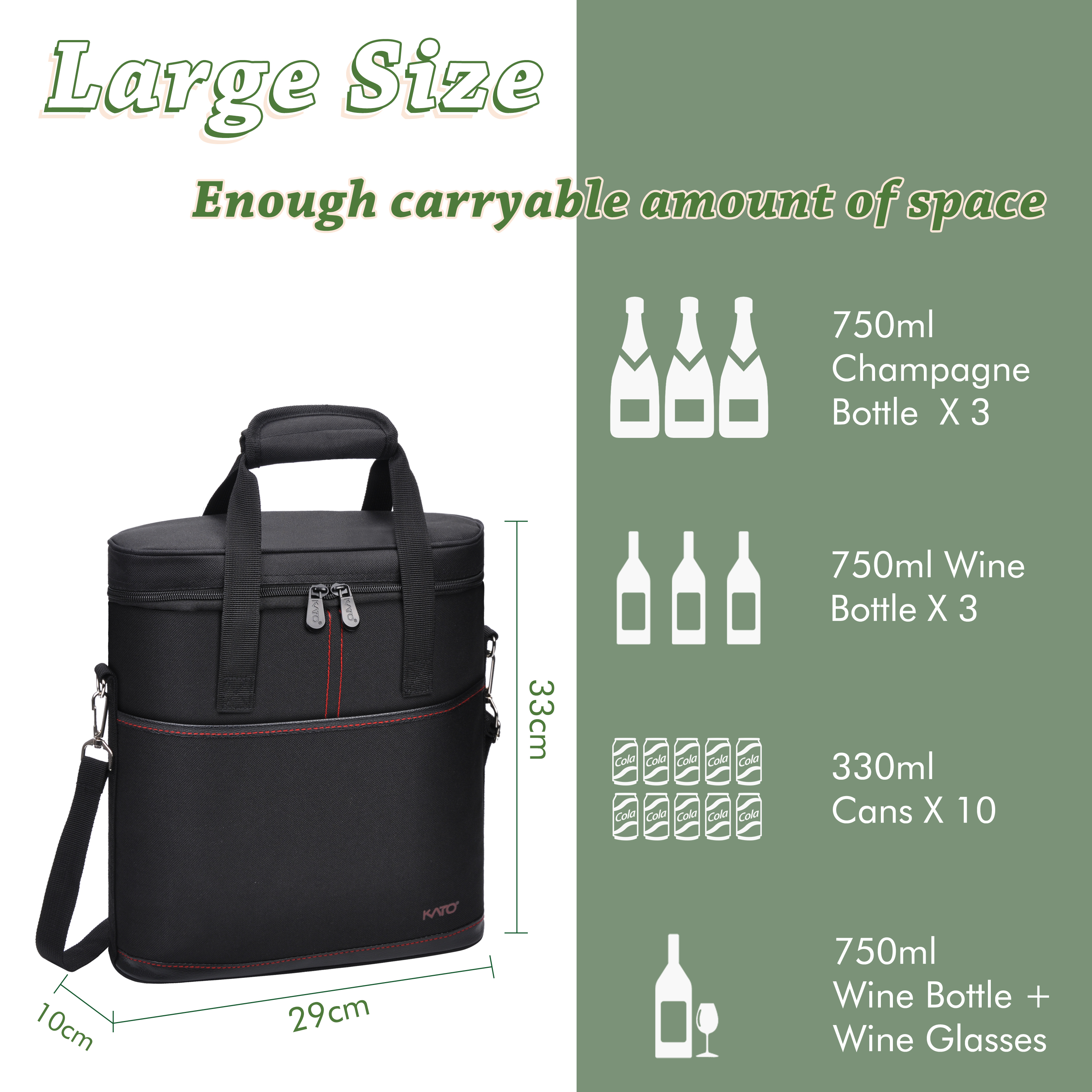 Tirrinia Insulated Wine Carrier - 3 Bottle Travel Padded Wine Carry Cooler Tote Bag with Handle and Adjustable Shoulder Strap, Black - image 5 of 7