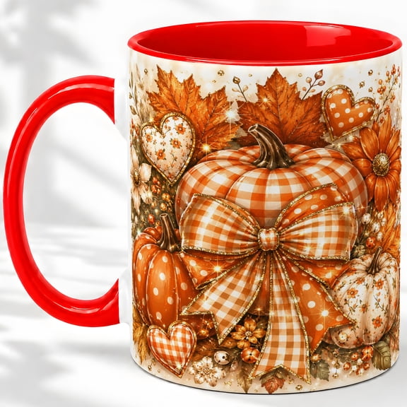 Fall Pumpkin Gingham Accent Mug, 11oz Ceramic Mug for Autumn Glossy ceramic mug with double-sided pumpkin and gingham artwork for daily coffee, tea, or office use