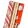 thumbnail image 1 of Rollo de papel de regalo navideño MAYPLUSS – Mini rollo – 17.3 pulgadas x 120 pulgadas por rollo – 3 diferentes muñecos de nieve rojos navideños con rayas doradas y copos de nieve dorados para envolve, 1 of 1