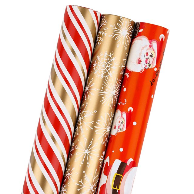 Rollo de papel de regalo navideño MAYPLUSS – Mini rollo – 17.3 pulgadas x 120 pulgadas por rollo – 3 diferentes muñecos de nieve rojos navideños con rayas doradas y copos de nieve dorados para envolve