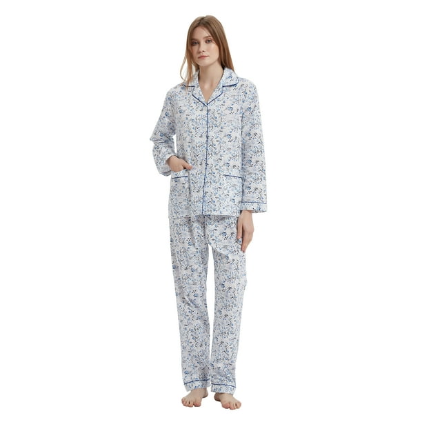 GLOBAL Conjuntos de Pijamas de Algodón para Mujer, Ropa de Dormir de Manga Larga con Botones, Ropa de Dormir Cómoda, Conjunto de Pijama Suave, Flor Blanca Azul L
