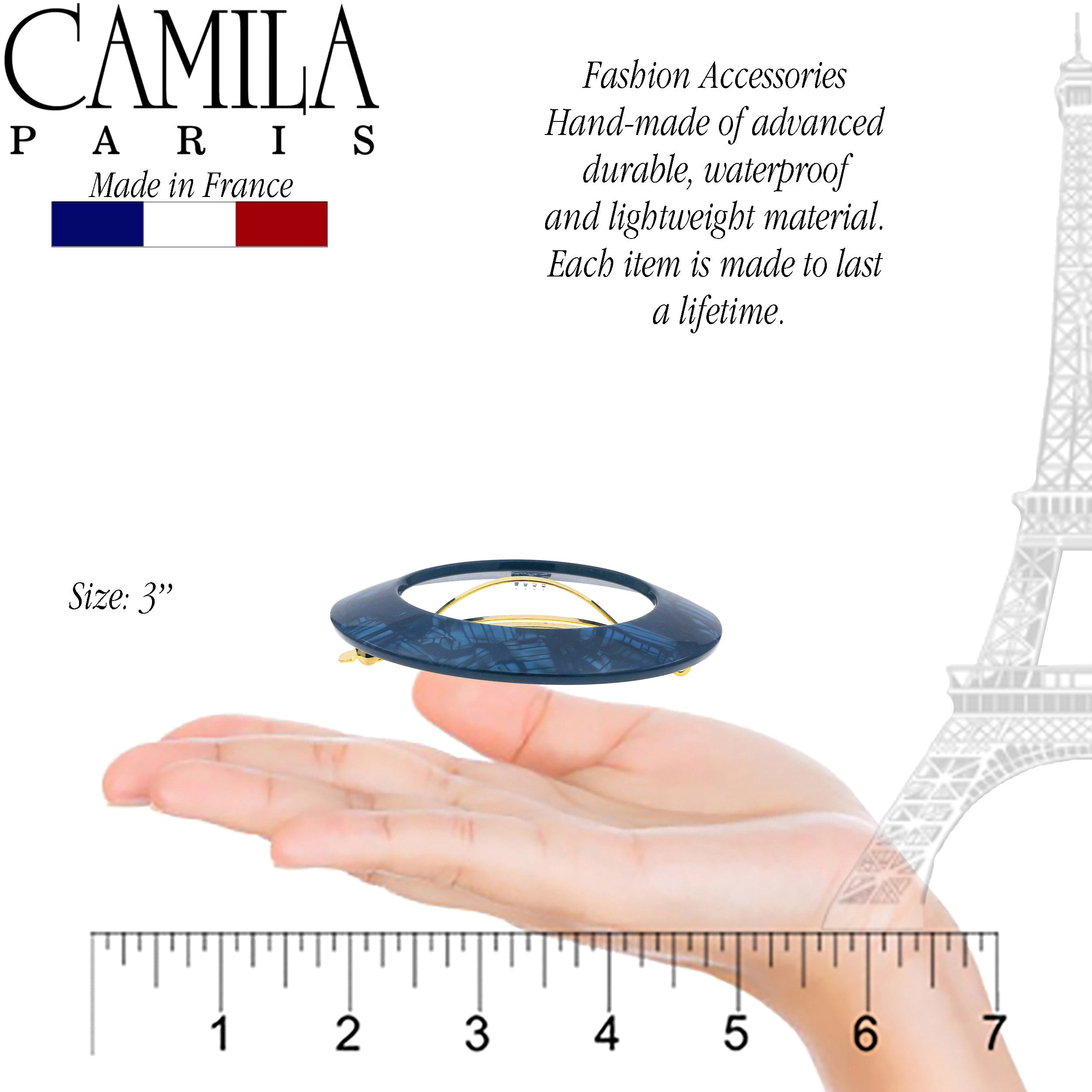 Camila Paris CP3257 French Hair Barrette Clip for Girls, Round Handmade Blue, Strong Hold Grip Hair Clips for Women, No Slip and Durable Styling Girls Hair Accessories, Made in France
