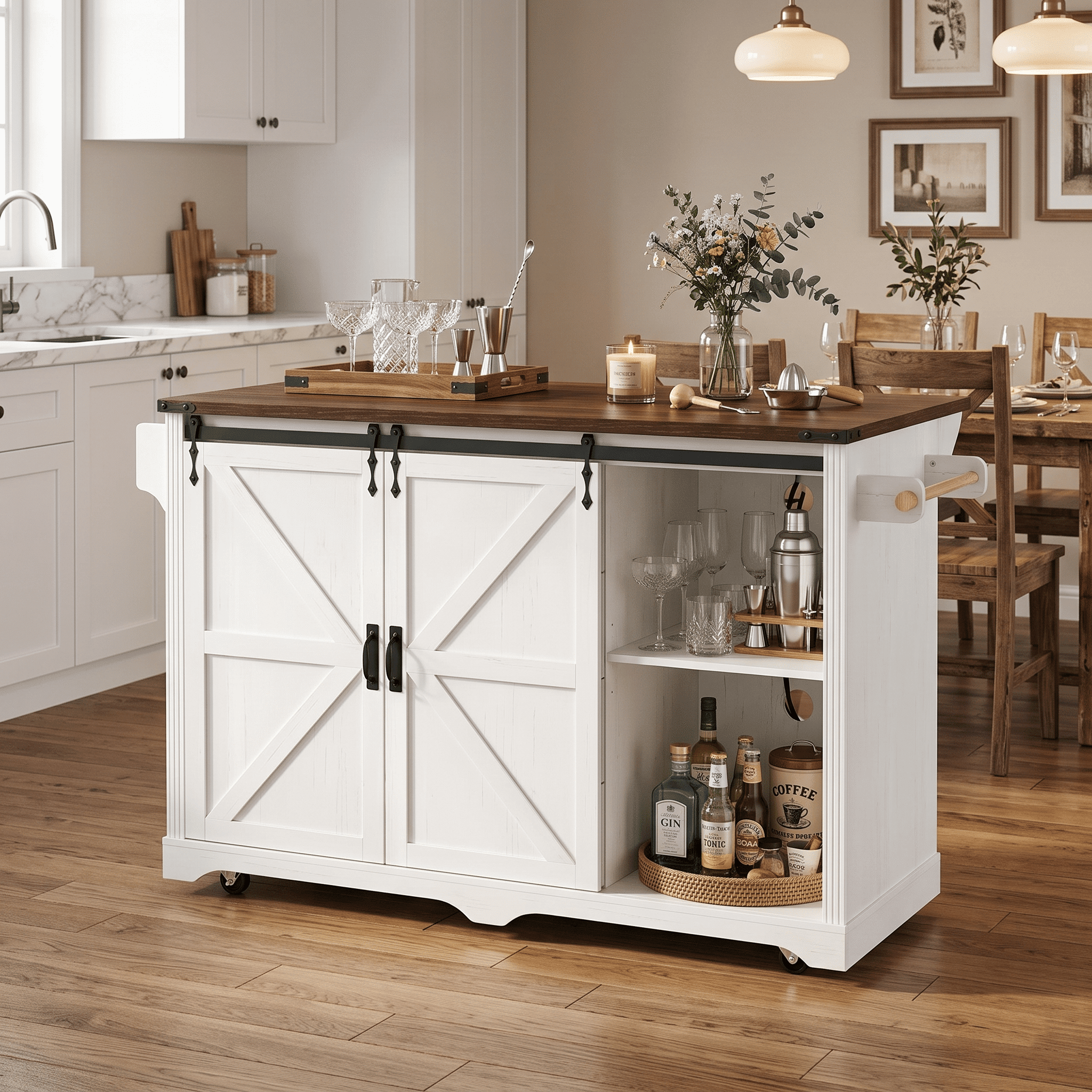 Homy Casa 72" Rolling Kitchen Island with Drop Leaf, Charging Station and Dual Fridge Bays, White