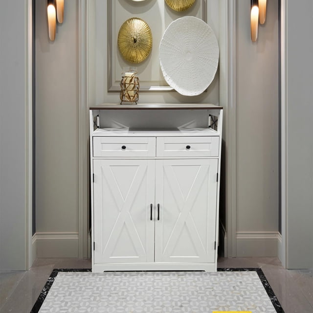 Kojooin Armoire de Rangement pour Chaussures d'Entrée Style Ferme Moderne, Étagère à Chaussures Étroite Autoportante avec Tiroirs, Portes et Tablettes Ajustables
