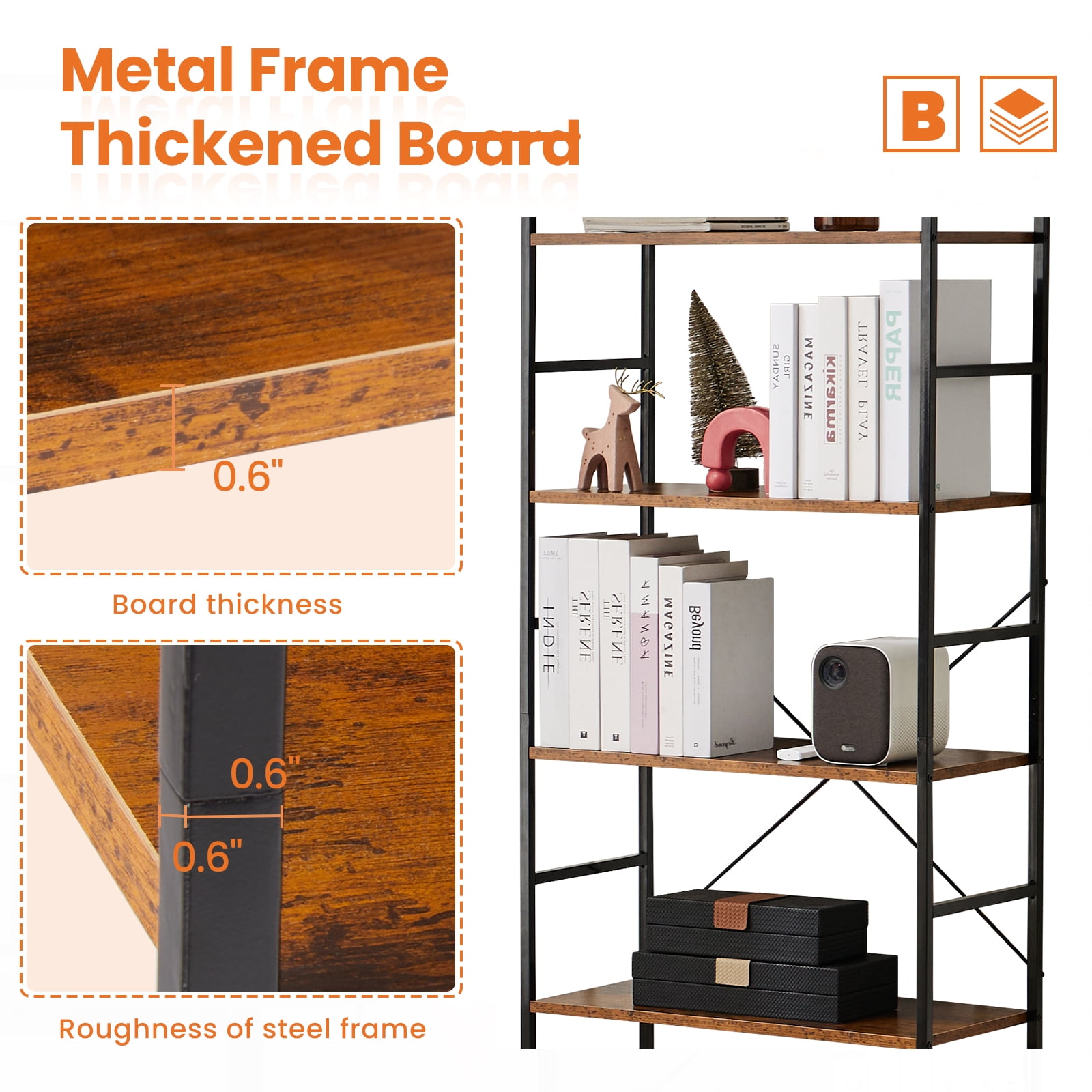 Aukfa 5 Tier Bookcase, Tall Bookshelf Storage Organizer for Home Office, Wood & Metal, Brown