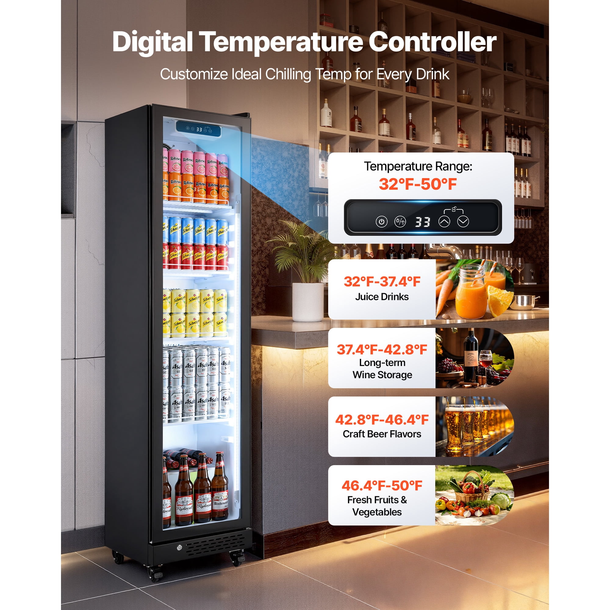 KFFKFF Commercial Glass Door Refrigerator, 8.3 Cu.Ft / 235 L Upright Beverage Cooler with Adjustable Shelves, LED Lighting & Casters for Homes, Shops, and Bars