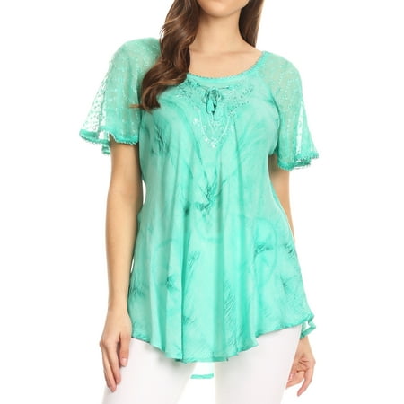 Sakkas Hana Tie Dye Relaxed Fit Embroidery Cap Sleeves Peasant Batik Blouse / Top - Aqua - One Size (Best Tie For Lilac Shirt)