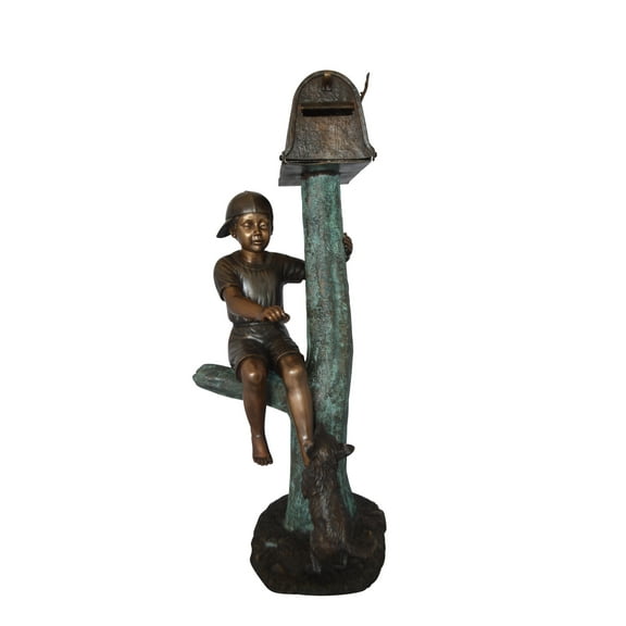 Boy Sitting on a Tree with Mailbox Bronze Statue -  Size: 22"L x 23"W x 49"H.