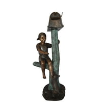 Boy Sitting on a Tree with Mailbox Bronze Statue - Size: 22"L x 23"W x 49"H.